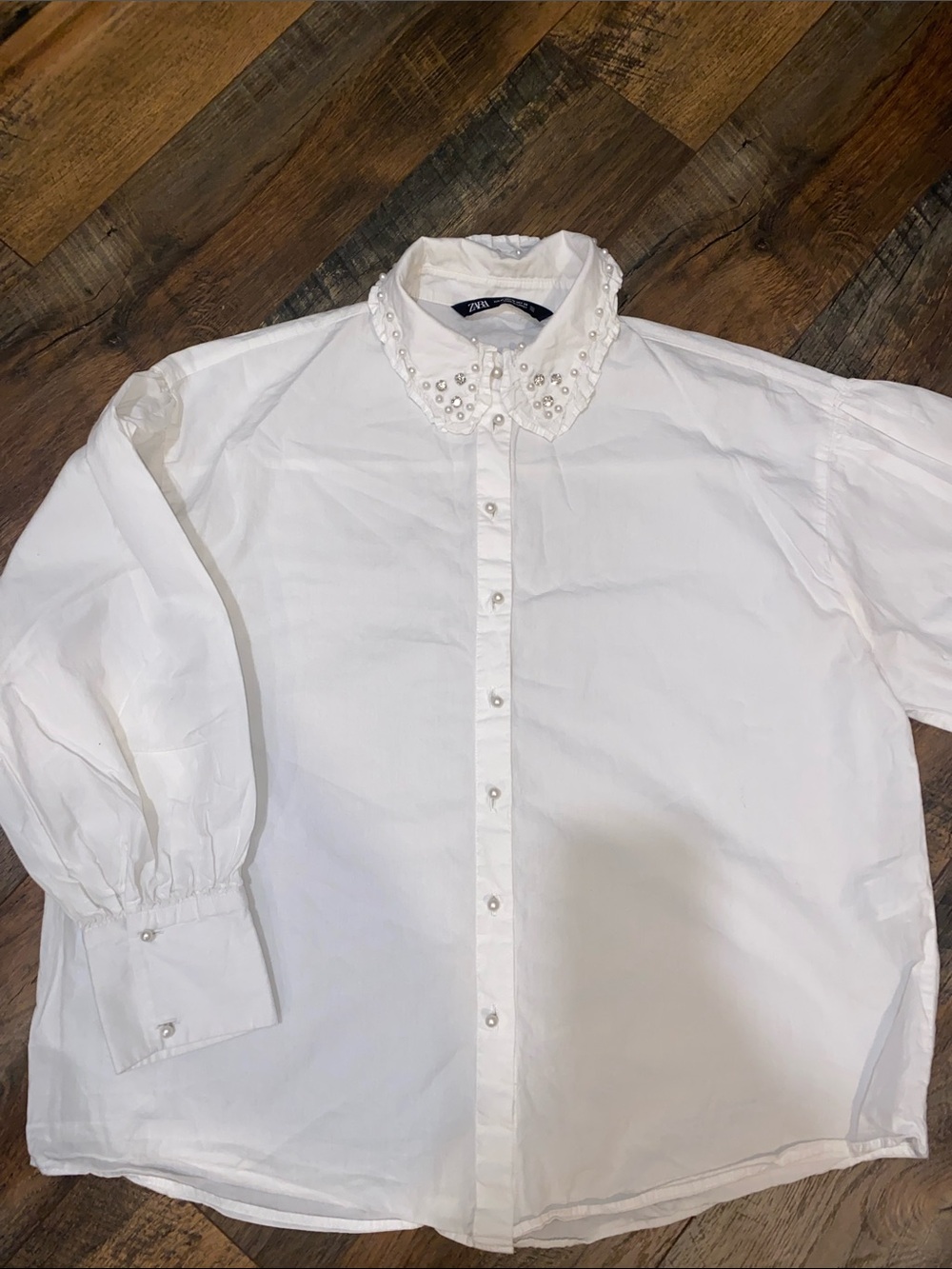 Zara White Pearl Collar Button-Down Shirt